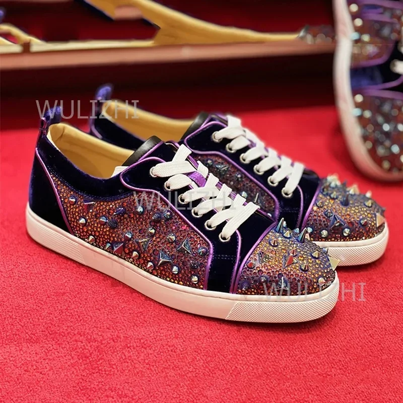 Men Purple Crystal Suede Couple Sneakers Gem Rivet Round Toe Lace-Up Flat Shoes Red Stitching Tennis Shoes Summer Sports Running