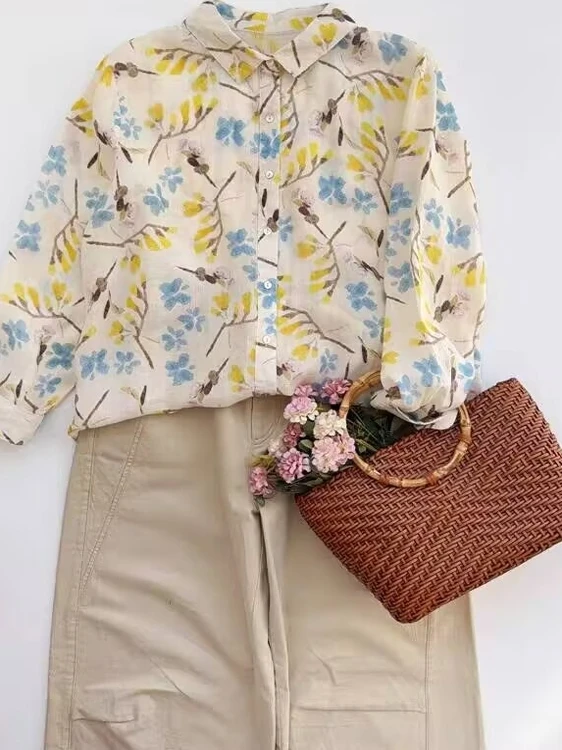 

Женская блузка с цветочным принтом, тонкая, из джута, свободного кроя, с длинным рукавом, воротником-стойкой и застежкой на одну пуговицу