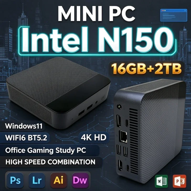 Intel N150 Mini PC 16GB RAM 1TB/2TB SSD Windows 11 WiFi 6 BT5.2 4K Display Portable Desktop For Home Office Gaming & Daily Use