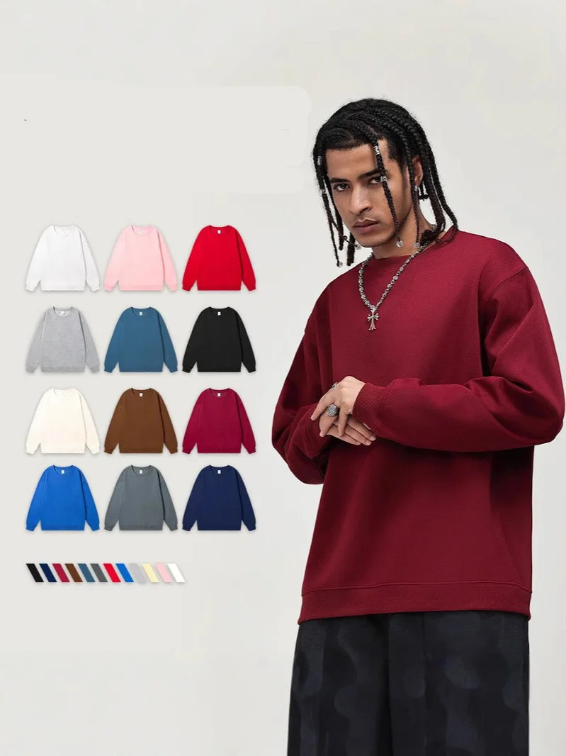 

Европейский и американский тяжелый настраиваемый логотип, свободный однотонный мужской хлопок с круглым вырезом, двусторонний