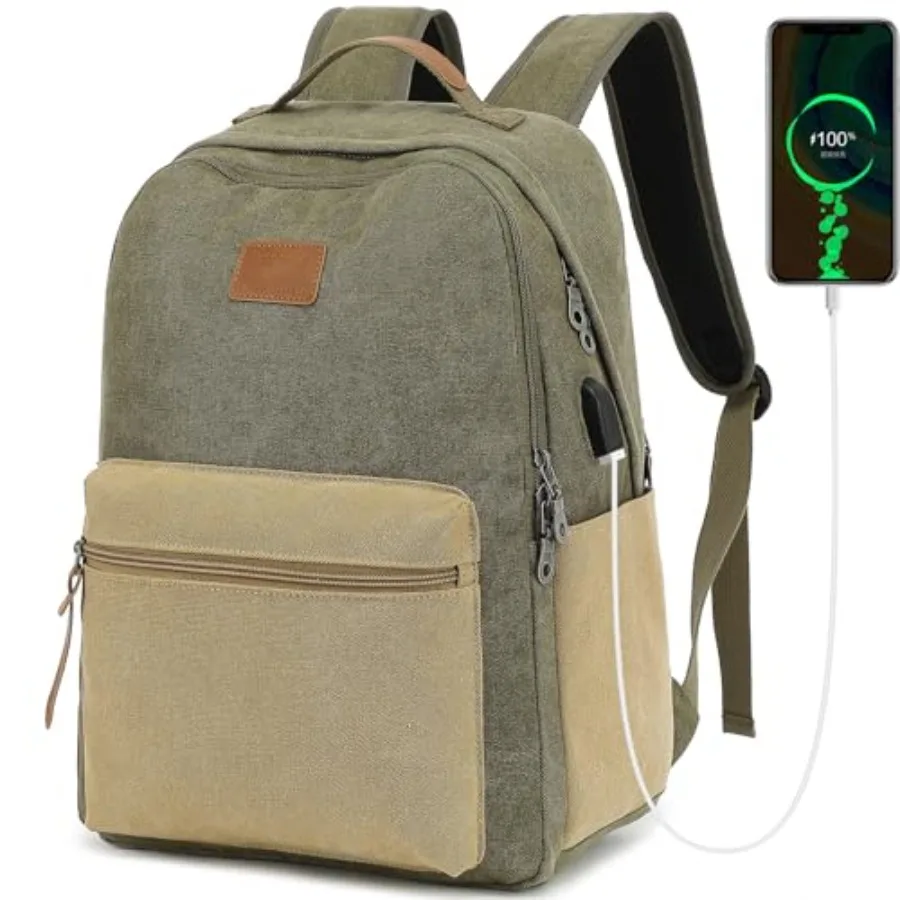

Waterproof Canvas Backpack, Laptop Backpack with USB Charging Port, Vintage Backpack for College Students, Casual Daypack for M