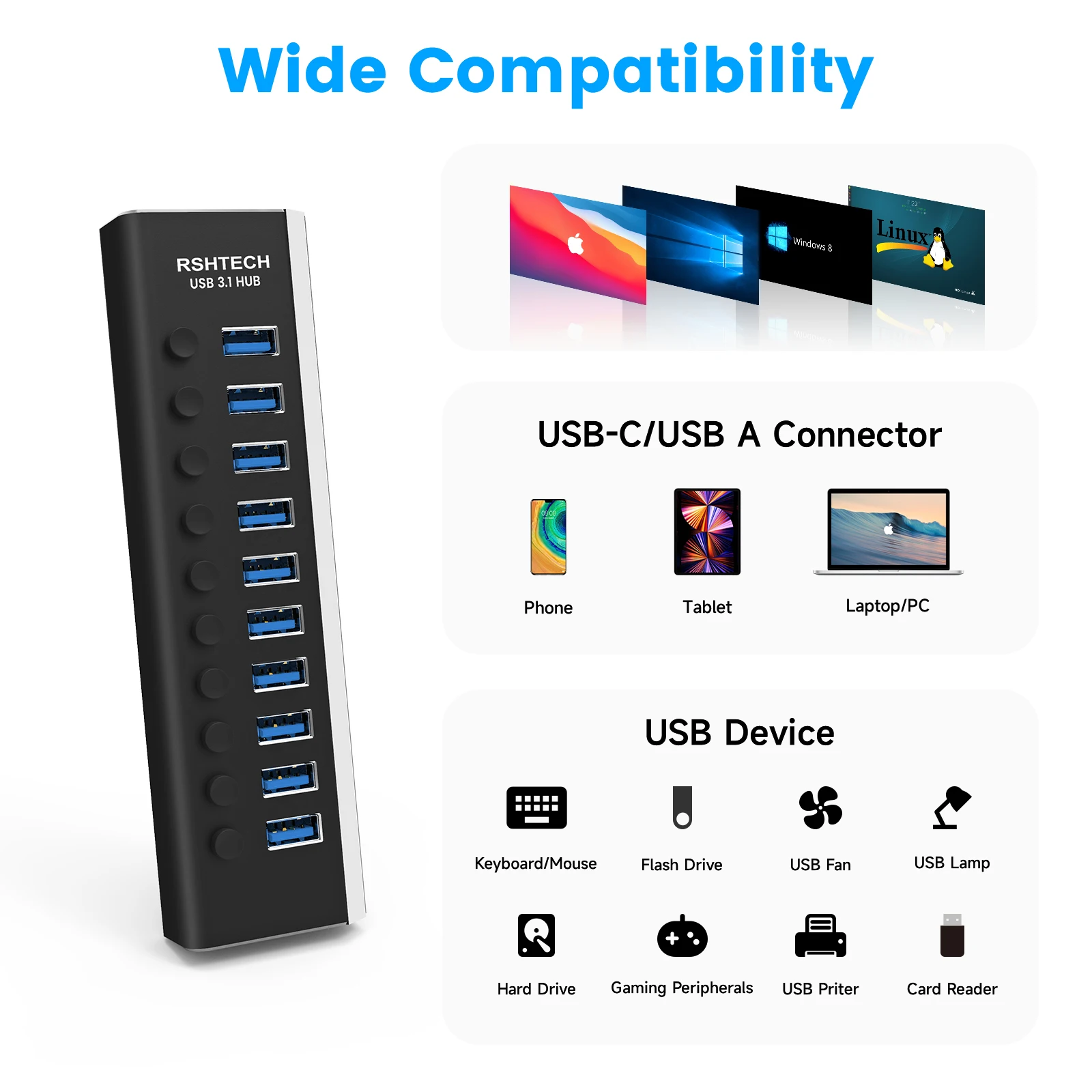 Imagem -05 - Rshttech-hub com 10 Portas Usb com Individuais on Off Switches 12v 3a Adaptador de Energia para Laptop Acessórios