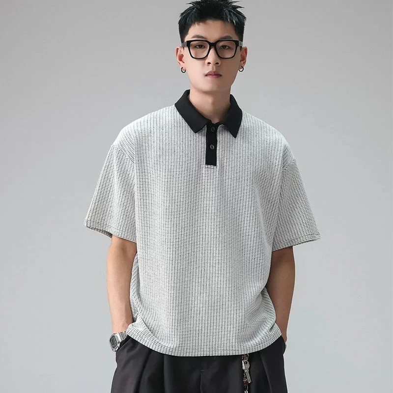 2026 Summer Men Plaid Contrast Collar Polo Shirt Oversized Loose Hong Kong Streetwear Short Sleeve Casual Plus Size Tees