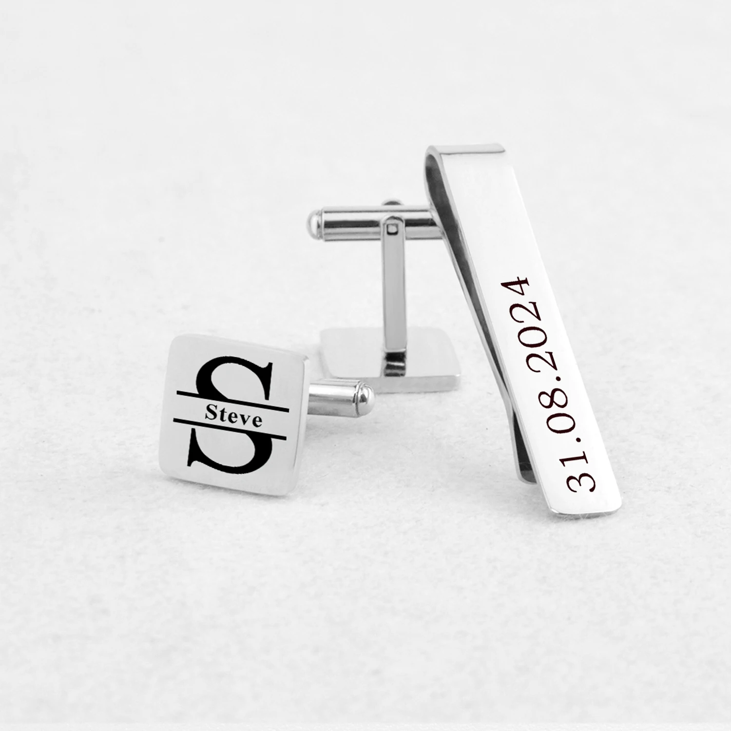 Personalized Wedding Cufflinks & Tie Clip Set for Groom Best Man - Custom Name/Date Engraved Elegant Gift for Anniversary Part
