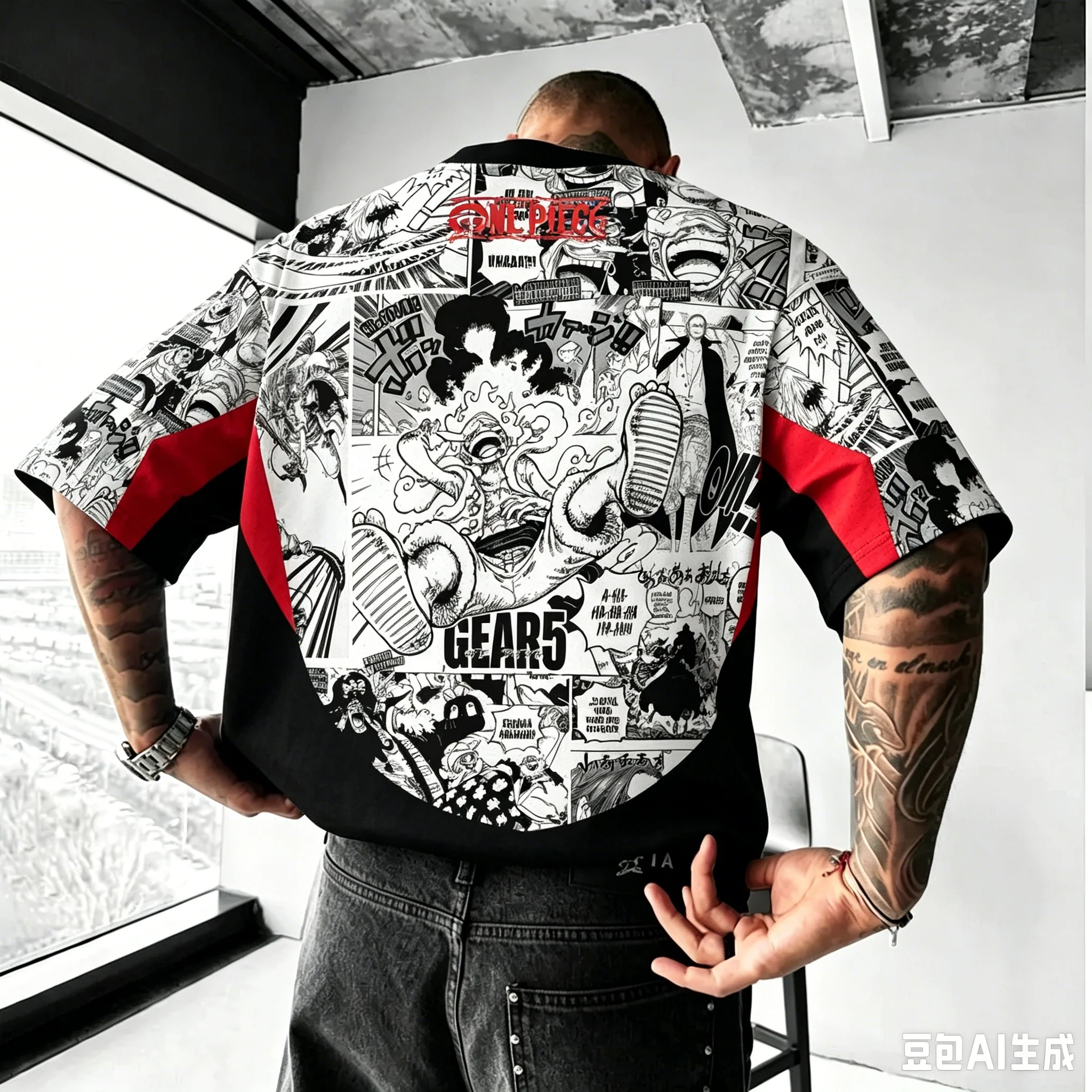 Camiseta de manga corta transpirable de secado rápido con estampado completo de panel gráfico de cómic de One Piece Luffy Gear 5 para hombre, estilo jersey de anime de malla oversize