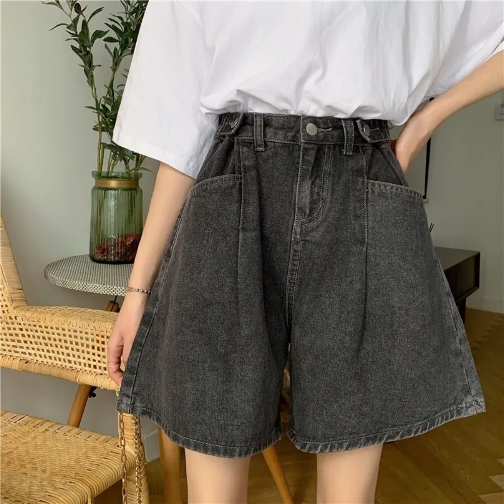 Trend Loose Fit Wide Leg Jeans Shorts Straight Leg Casual High Waist Shorts Thin Five-Quarter Shorts Women
