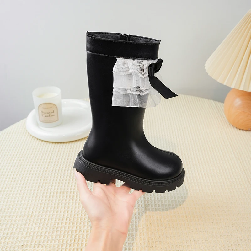 Girls Lace Ruffle Tall Boots 2026 New Winter Kids Princess Long Boots Bowknot Fleece Lined Warm Cotton Boots Non-slip Girls