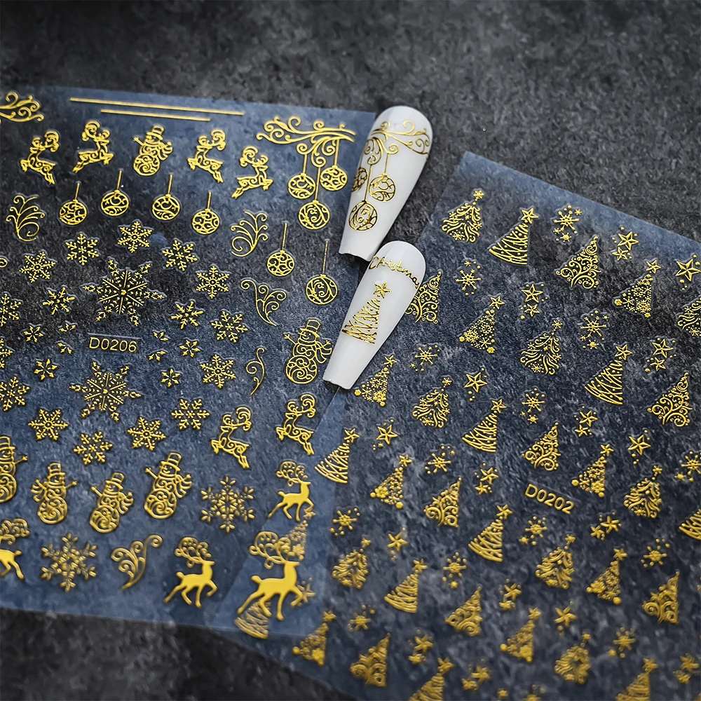 12pcs/set Golden Christmas Santa Claus Nail Art Sticker 3D Laser Gold Snowflake Elk Xmas Tree Nail Slider Winter Snowman Nail De