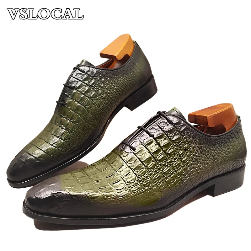 Luxury Men Oxford Shoes Green Black Croco Print Casual Mens Dress Shoes Lace up Wedding Office Genine Leather shoes men