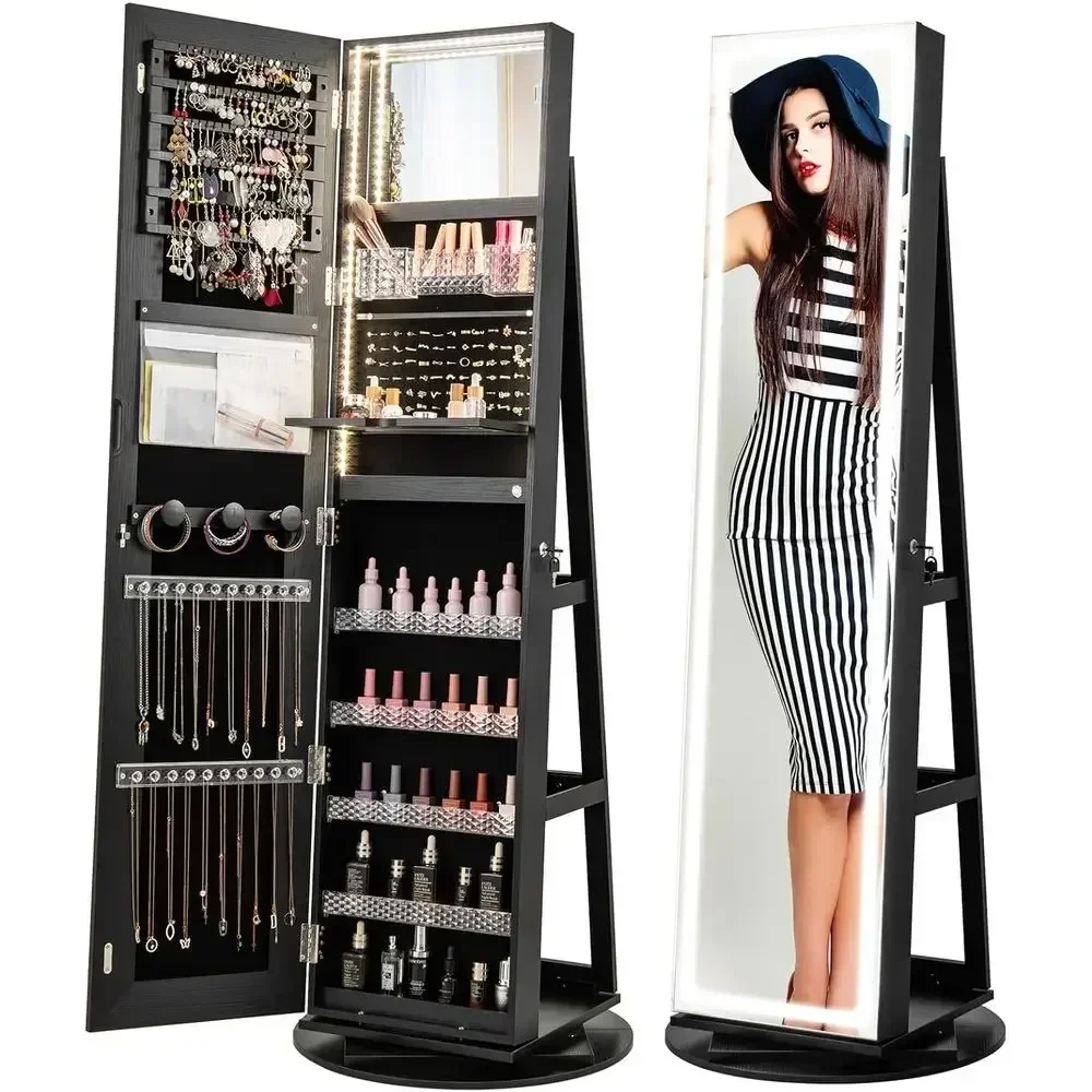 360° Rotating Lockable Makeup Cabinet with 3-Color LED Lights, Full-Length Mirror, and Adjustable Shelves for Women