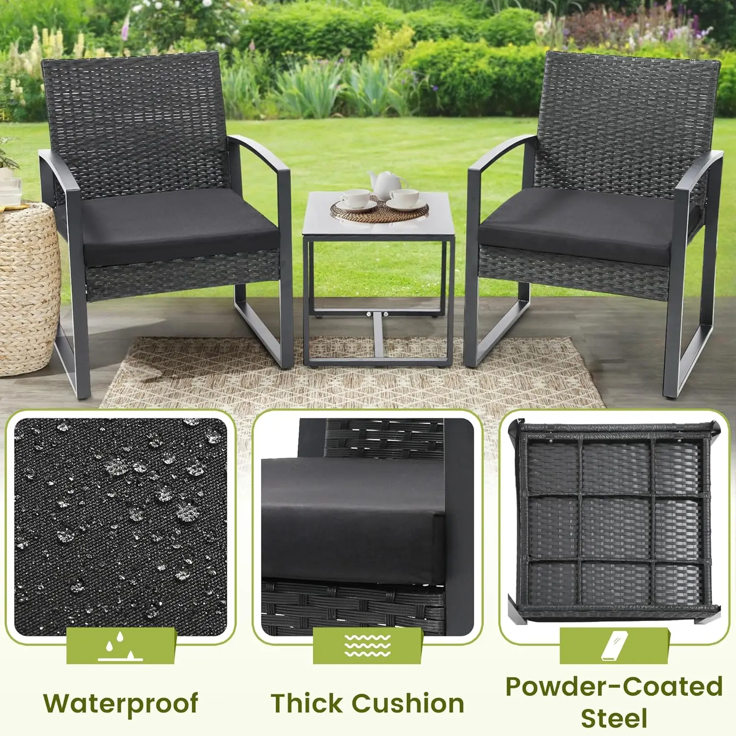 3-Piece Rattan Patio Bistro Set, black frame with cushions, matched coffee table for balcony, garden and poolside image 3