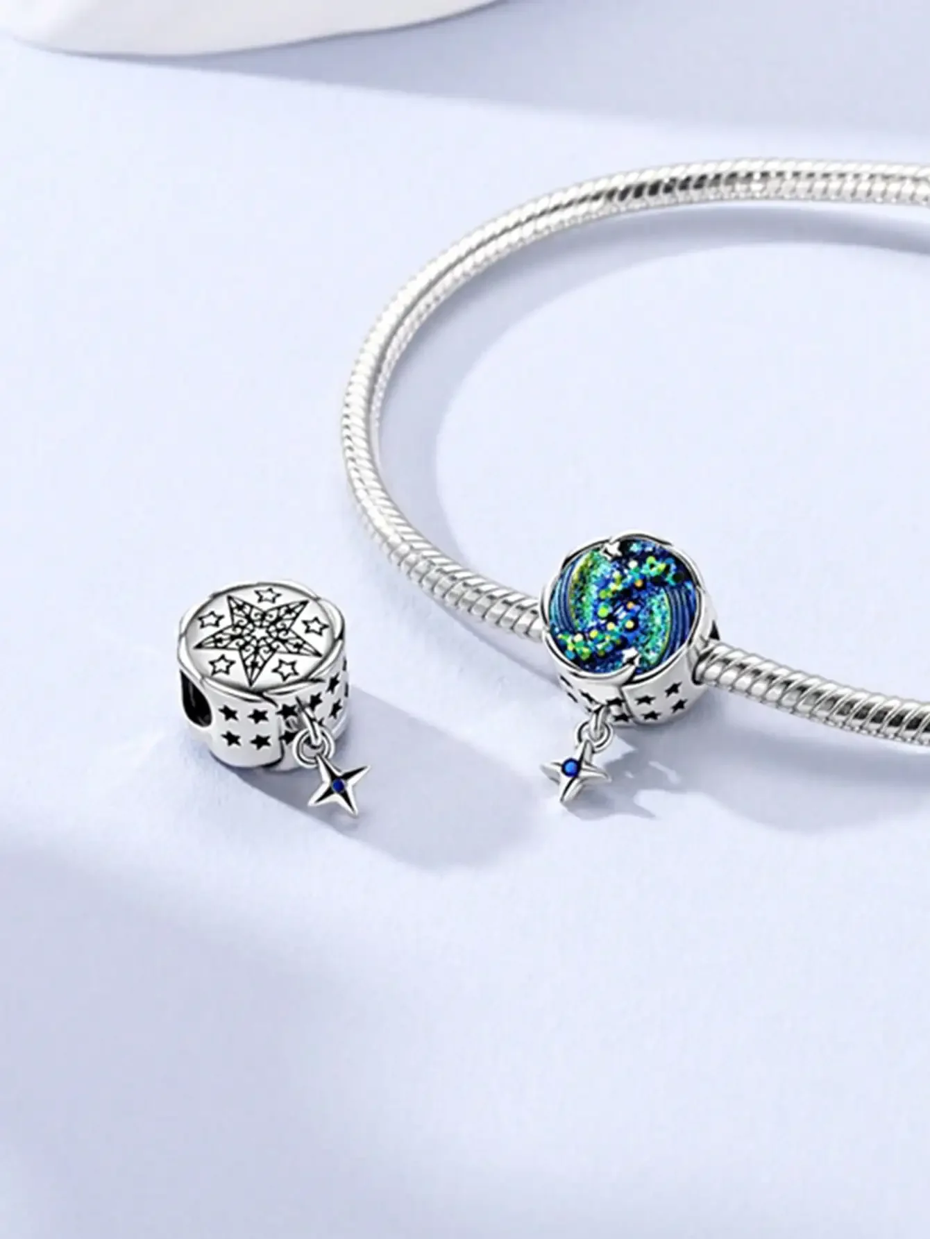 핫세일 참 비즈 925 스털링 실버 블루 오션 핏 뱅글 팔찌 목걸이 DIY 쥬얼리