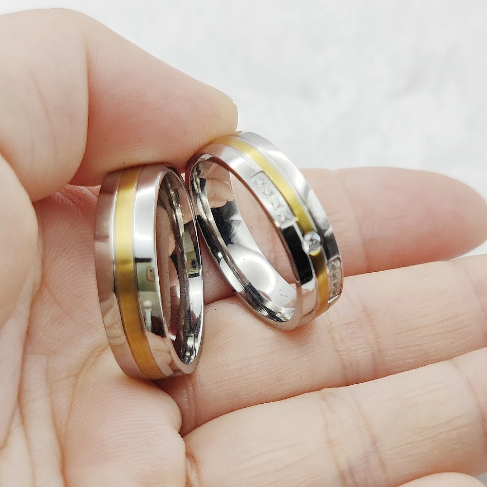 Hypoallergenic His and Hers Matching Pair Wedding Bands Couple Rings For Men and Women Silver Gold Two Tone Bridal Sets