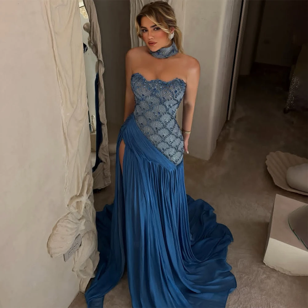 Fashion Beading Evening Dresses Sheath Chapel Train Sleeveless Gowns Draped Special Occasion Event Long Prom Dress Vestidos