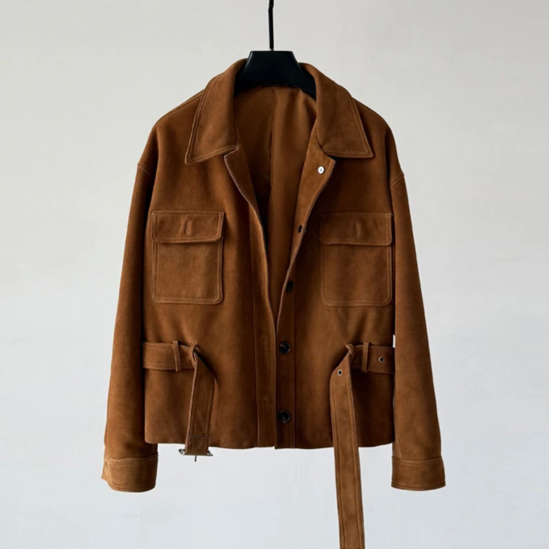 Imported A-level Goatskin Women's Kid Suede Jacket 2025 Fall Fashion Belt Pockets Female Real Leather Suede Short Jacket Tops