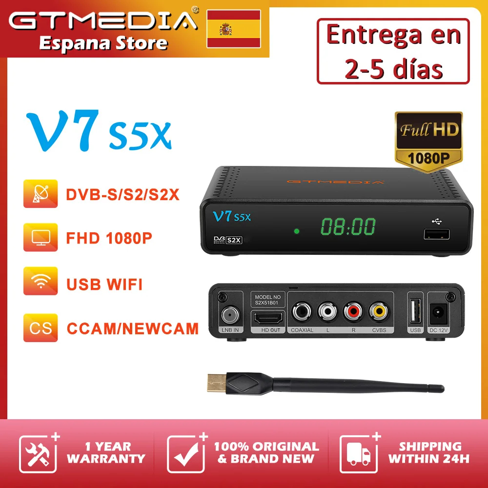 GTMEDIA V7 S5X جهاز استقبال تلفزيون عالي الدقة DVB-S/S2/S2X FHD 1080P H.265 8 بت MPEG-2/4 AVS + CCM ACM VCM متعدد الأشواط/T2-MI مع USB WIFI لإسبانيا دعم CVBS CCAM