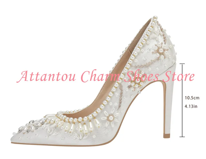

String Beads Crystal Pearl Decor Lady Shoes Fashion Design Thin Heel Woman Wedding Shoes Sexy Pumps Large Size Dress Party Shoes