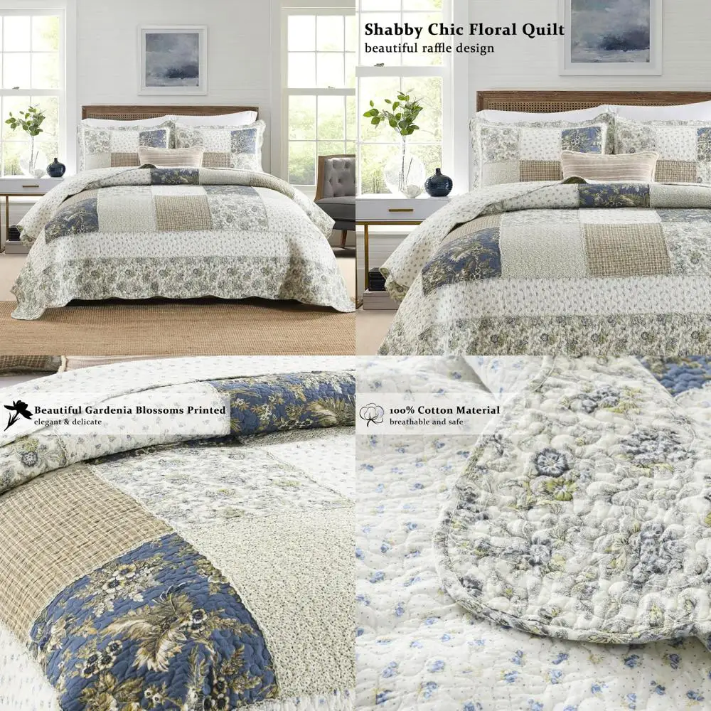 

Queen Size Reversible Country Farmhouse Floral Patchwork Quilt Set - 3-Piece Bedspread with Pillowcases