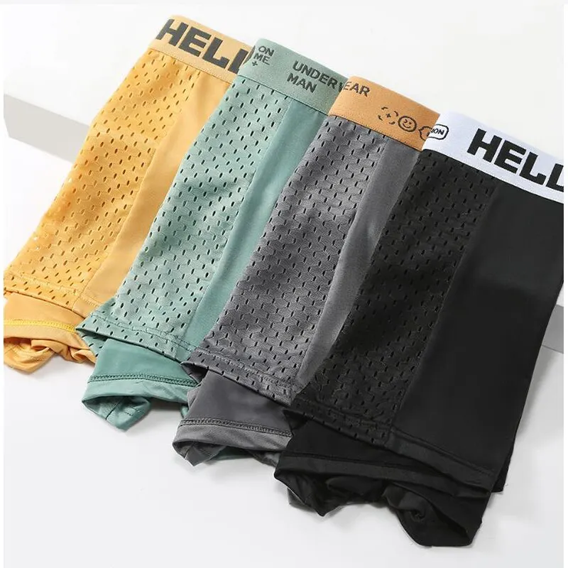 4Pcs Men\'s Underwear Ice Mesh Bacteriostatic Crotch Men Boxer Shorts Thin Breathable Men Underpanties Summer Ventilate Panties