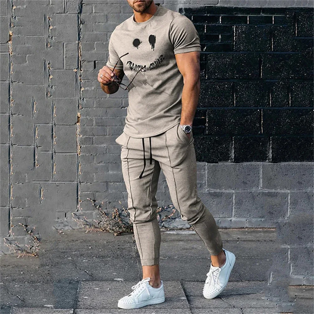 Men\'s Clothing Men Suit Tracksuit 2 Piece Sets Jogger Outfit 3D Printed Summer Funny Smiley Short Sleeve Men T Shirt+Long Pants