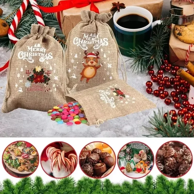 Christmas Linen Bags Cartoon Santa Claus Snowman Candy Gifts Drawstring Bag for Xmas Party Packaging Storage Pouches Wholesale