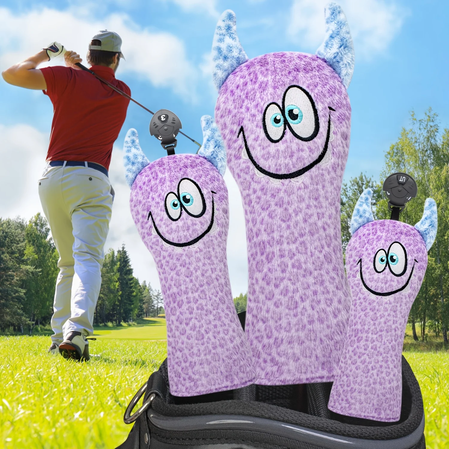 1pc/4pcs Purple Fluffy Monster Horn Cartoon Golf Club Head Covers, Compatible with Driver, Fairway, Hybrid Clubs, Universal Size image 3