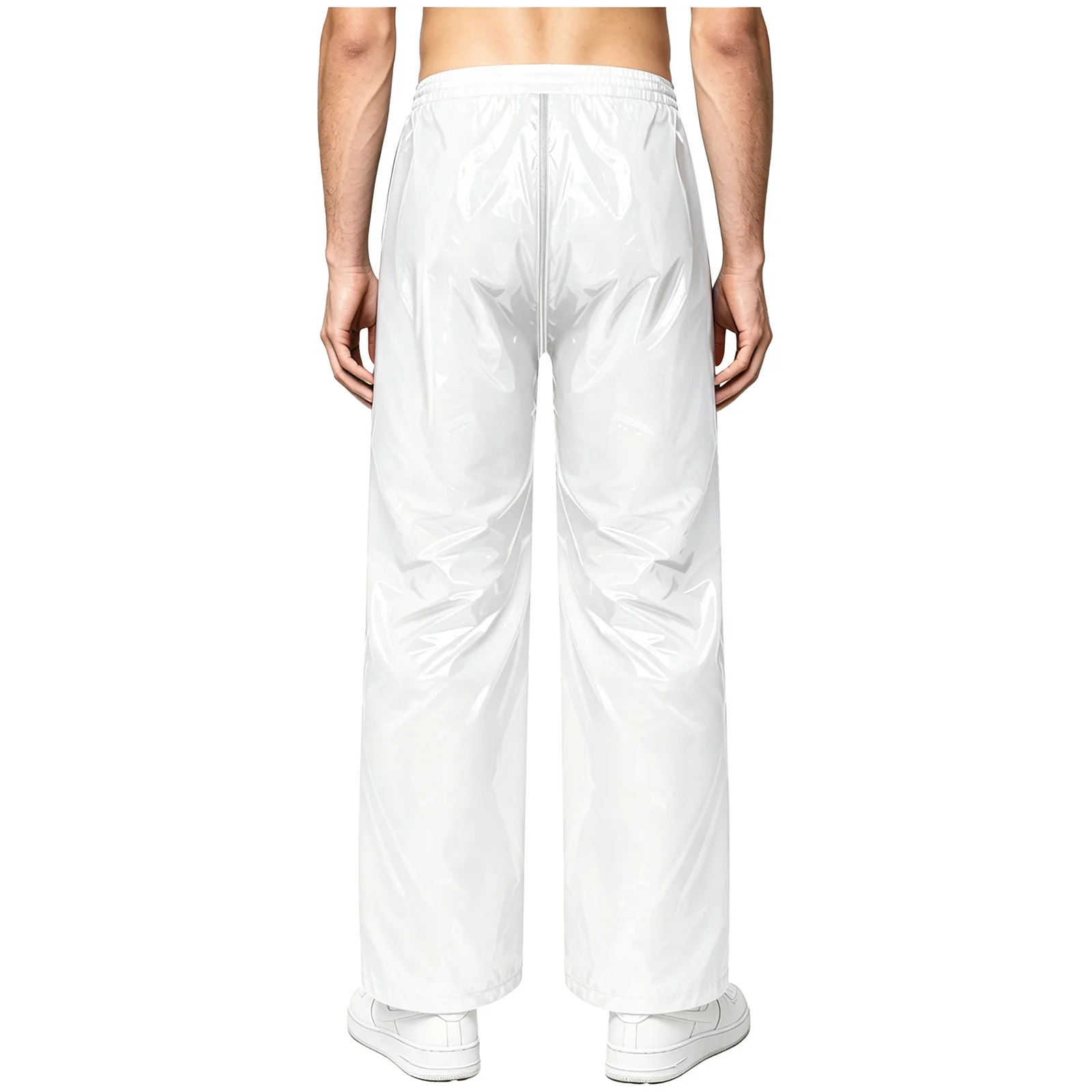Mens Reflective Zipper Crotch Shiny Waterproof Sweat PU Leather Pants Reflective Stripe Straight-leg Trousers Athletic Pants