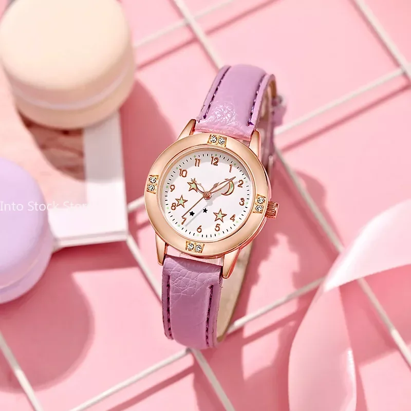 Casual Cute Star Moon Luminous Children Watch for Women Girls New Leather Female Ladies Wristwatch Quartz Clock Montre Femme