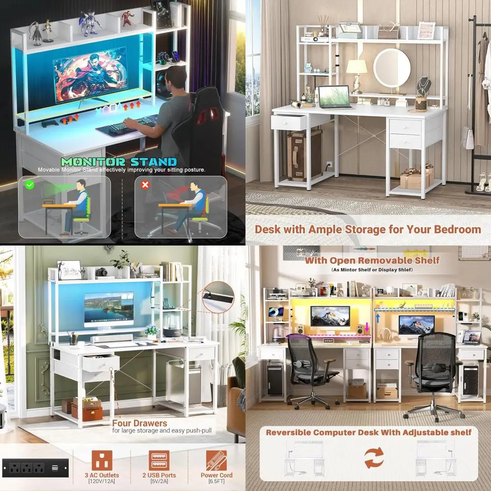 LED-lit Outlets Gaming Desk with Hutch, 47.2 Storage Drawer Computer Desk, Reversible Large Workstation Desk with Bookshelf for