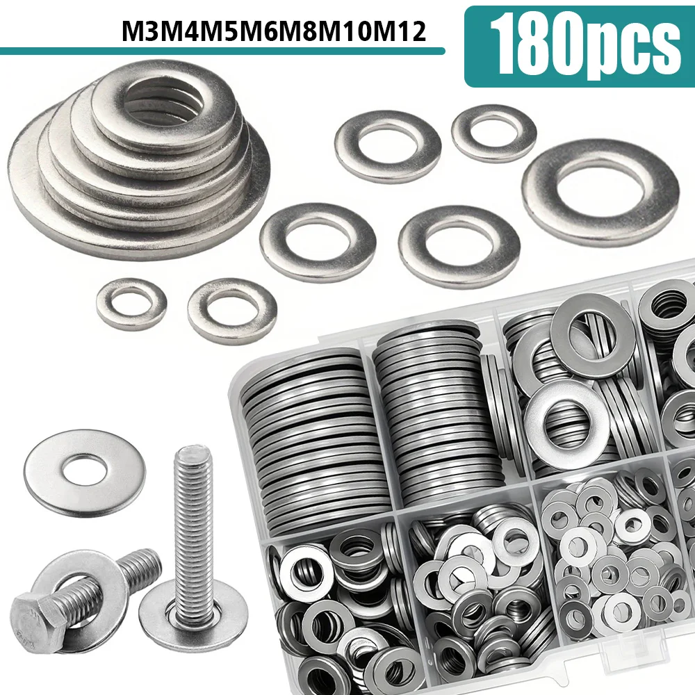 

A set of 180 M3 M4 M5 M6 M8 M10 M12 stainless steel flat washers for home, kitchen, shop and outdoor building maintenance.