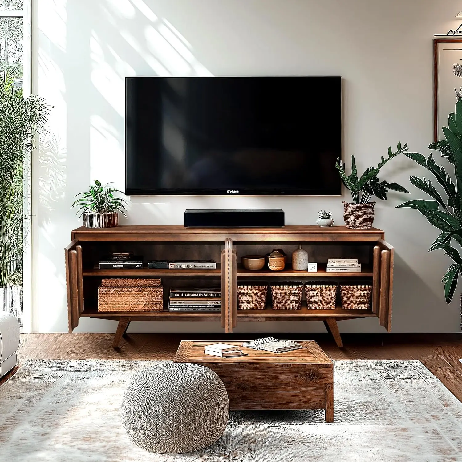 TV Stand Entertainment Center Storage Shelves Cable Management Farmhouse Media Console Living Room Bedroom, Customized