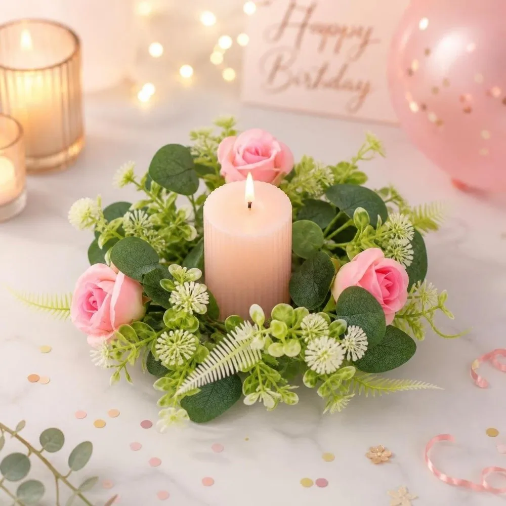 Rose Wreath Candle Holder Artificial Green Leaves Exquisite Eucalyptus Leaf Candlestick Centerpiece Decoration Table Ornaments