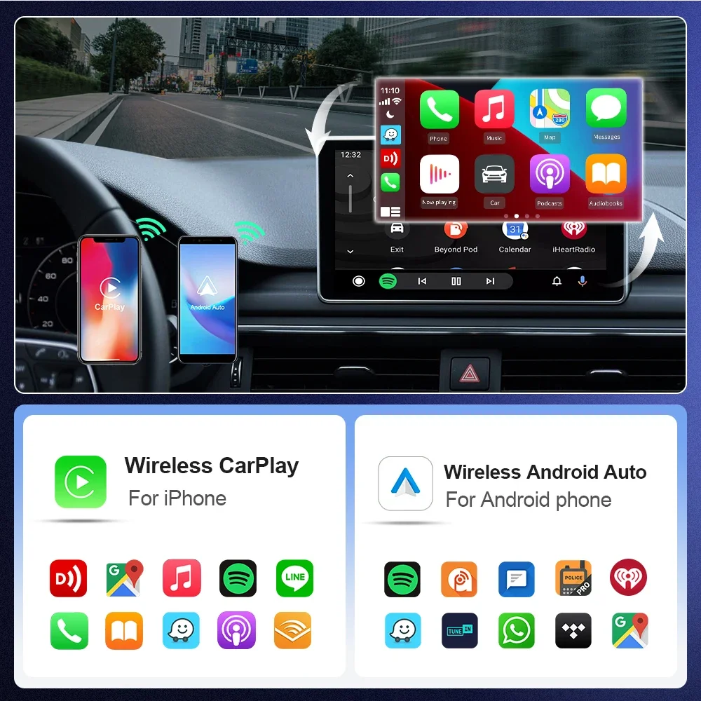 Adattatore CarPlay wireless 2 in 1 2025 |   USB/Tipo C a doppia porta |   Connessione più veloce |   BT 5.2 + 5GHz WiFi |   Aggiornamento automatico OTA