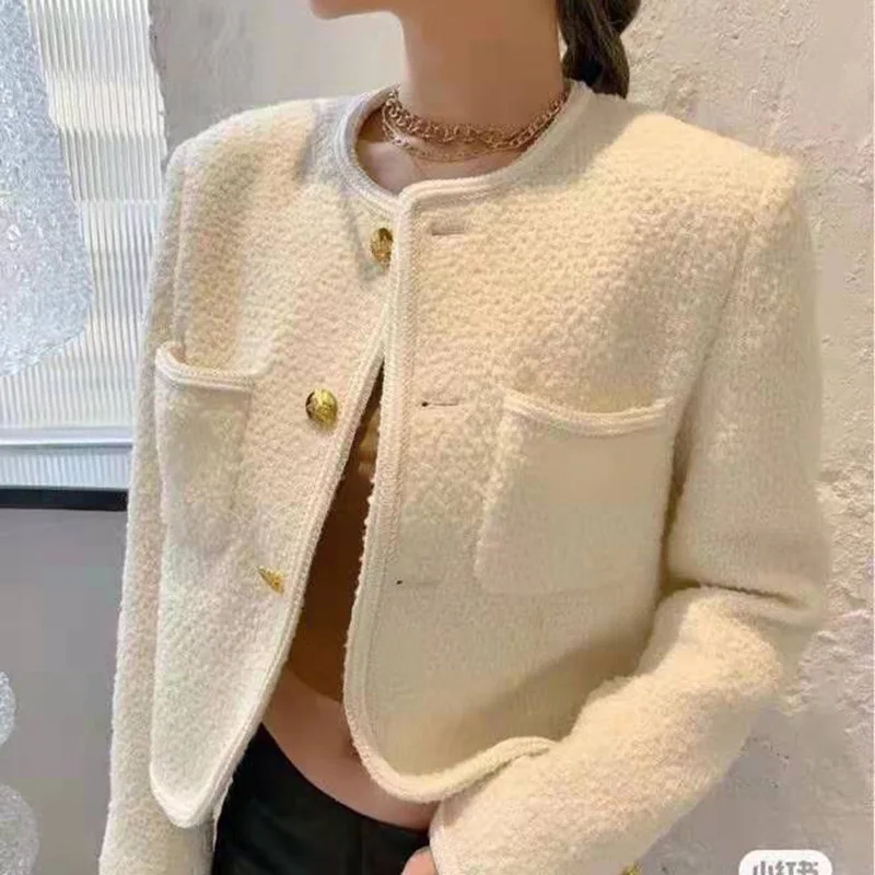 Temperament Retro Woven Short Coarse Tweed Small Fragrant Coat for Women