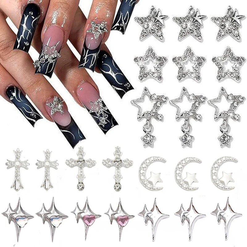 65Pcs Cross Nail Charms Silver 3D Star Charms and Gems Astral Moon Nail Art Jewelry Multi Style Nail Rhinestones for Nails