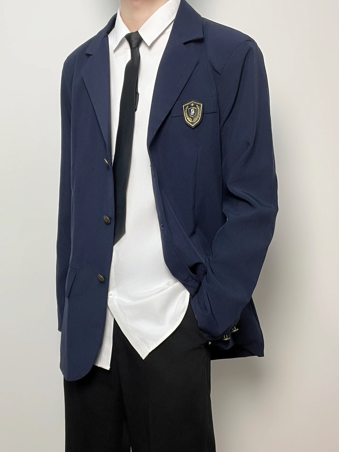 

Deep Blue Casual Men's Suit Jacket Student Youth Style Korean Version Versatile Fashionable Polyester Blend Long Sleeve Coat