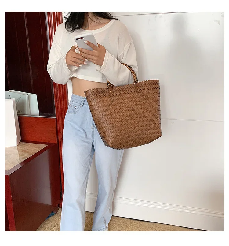 Straw Bag 2021 New Retro Large Capacity Vegetable Basket Woven Bag Handbag Bamboo Knot Portable Beach Bag Totes Bolsa De Playa