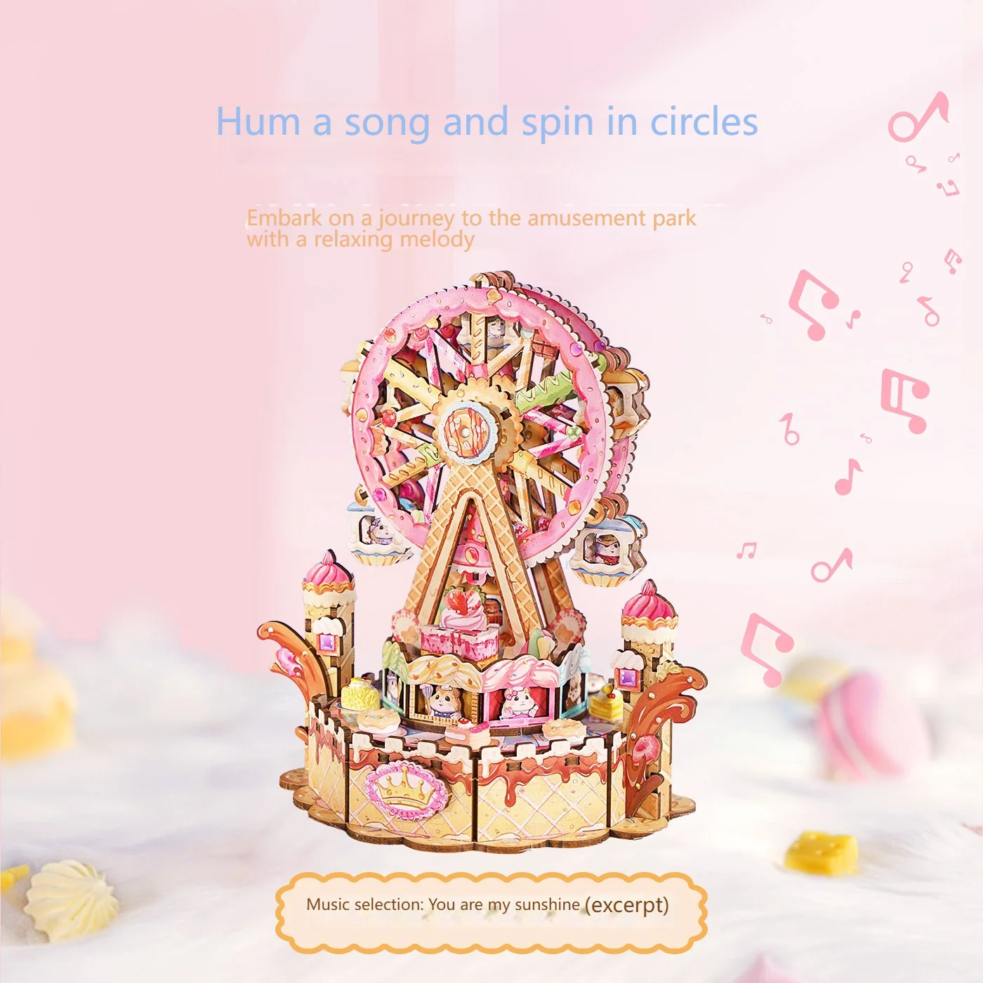 回転するデザート観覧車オルゴール - DIY 3D木製組み立てキット、メロディー付き手作りクラフト、子供と大人のためのユニークなギフト