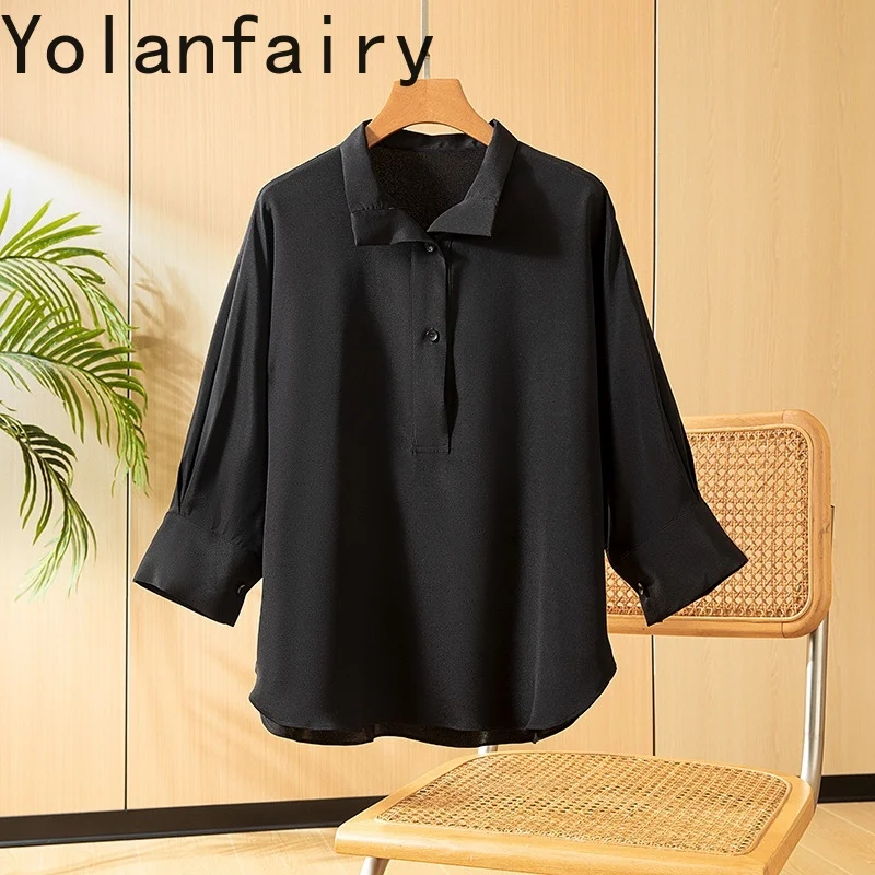 YOLANFAIRY Новые рубашки из натурального шелка шелковицы 93% женские элегантные свободные женские топы и блузки с рукавами три четверти белая рубашка 여자옷