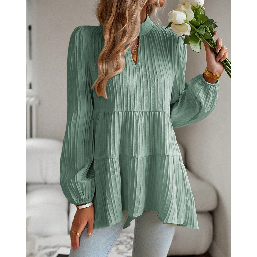 2024 Spring Women Ribbed Ruched Fold Round Neck Cut out Lantern Sleeve Blouse Fashion Femme Casual Solid Elegant Top Streetwear