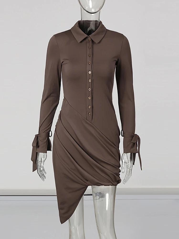 Mini abito sexy con pieghe a bottoni e colletto rovesciato da donna Borwn maniche lunghe increspate abiti slim abiti da cocktail per feste da sera