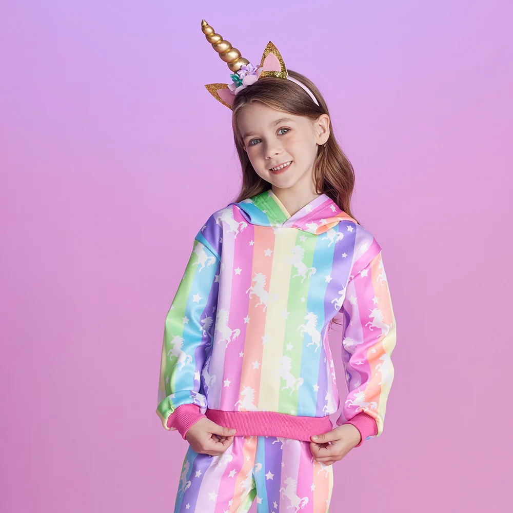 VIKITA Kids Unicorn Hoodies Girls Cotton Hooded Autumn Winter Outfit Girls Rainbow Print Colorful Sweatshirt Children Clothing