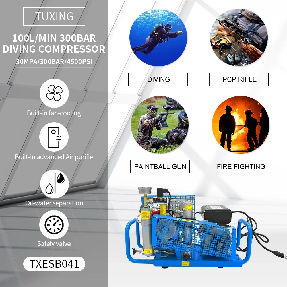 TUXING 4500Psi Compressore per immersione ad alta pressione 300Bar PCP Compressore d'aria 100L/min Flusso d'aria per la respirazione subacquea Snorkeling Fucile