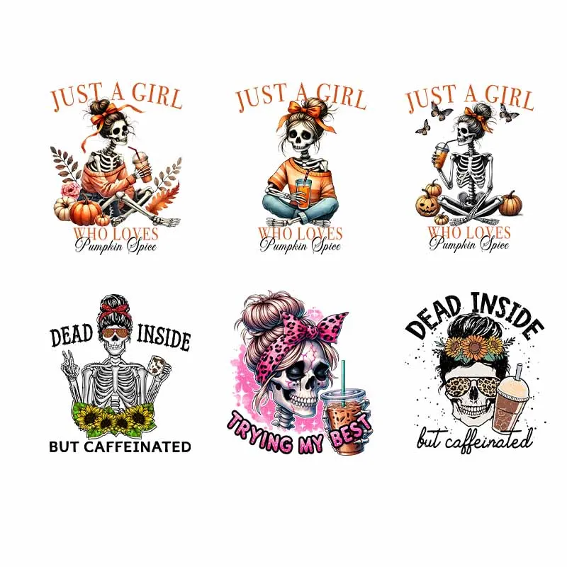 DTF Fashion Skull Fall Transfer Sticker For T Shirt Drink Pumpkin Iron On Heat DTF Transfer Print Patch On Clothing