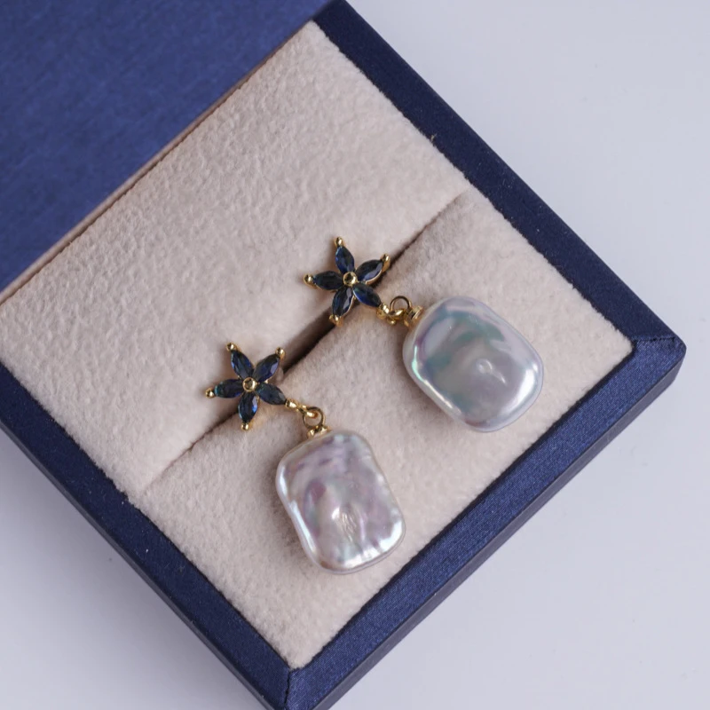 Baroque Square , Irregular Freshwater Pearl Drop Earrings, 925 Silver Ear Pins