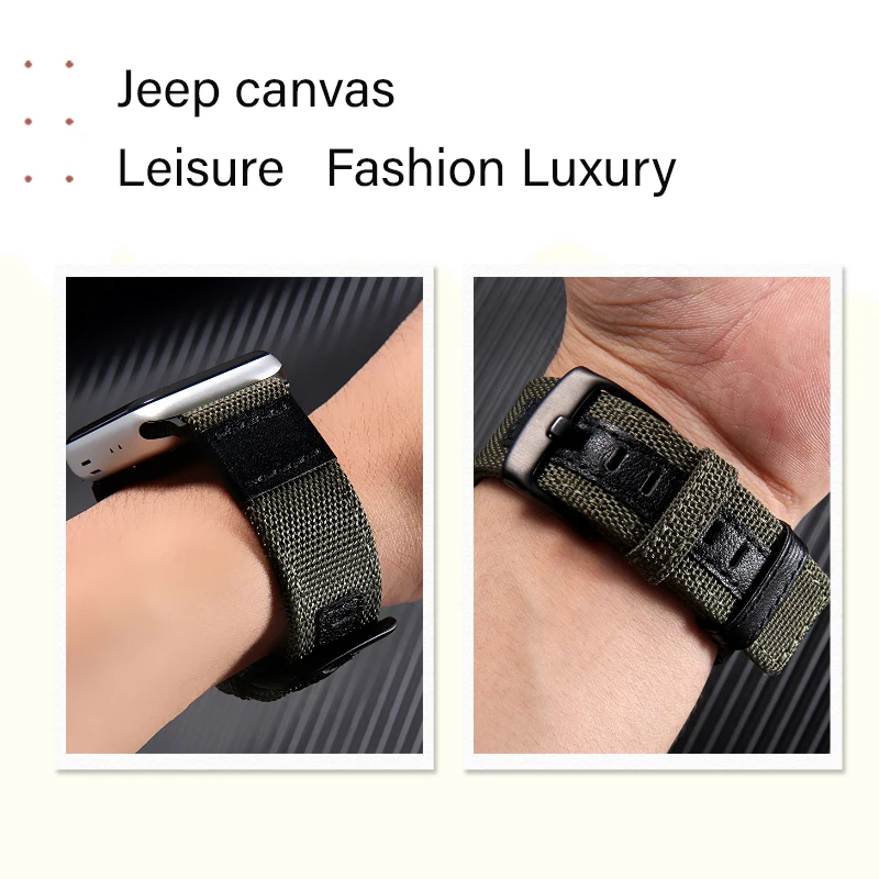 Strap For Apple watch band 44mm 45mm 41mm 40mm Jeep Canvas Nylon+Leather Bracelet iwatch Series 3 4 5 6 SE 7 8 Ultra 49mm Band