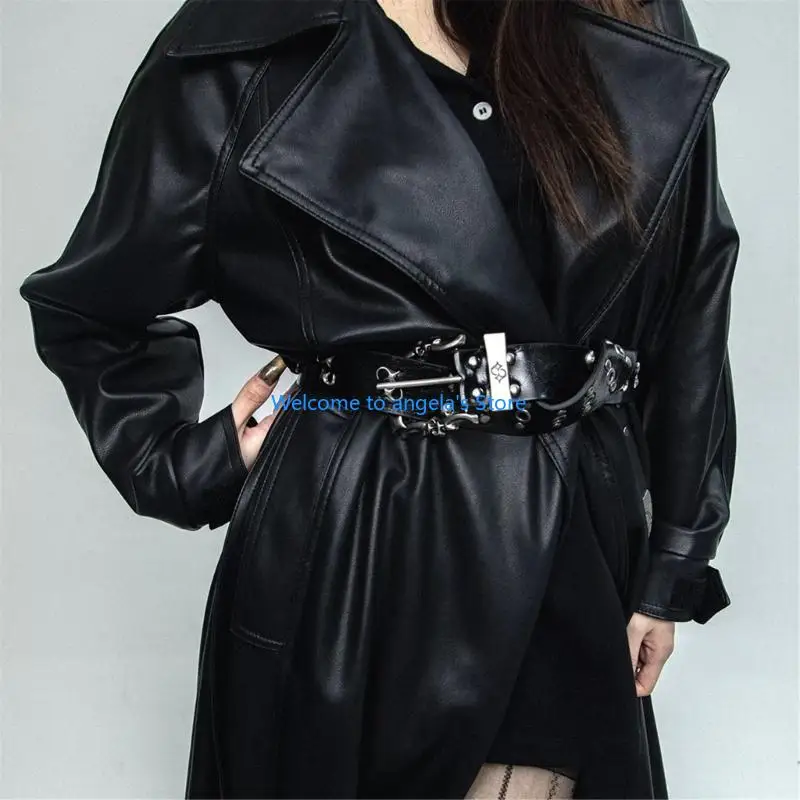 X4YC حزام مرصع للنساء قابل للتعديل بفتحة مزدوجة ومشبك نونسليب من جلد البولي يوريثان حزام الخصر على الطراز القوطي #5