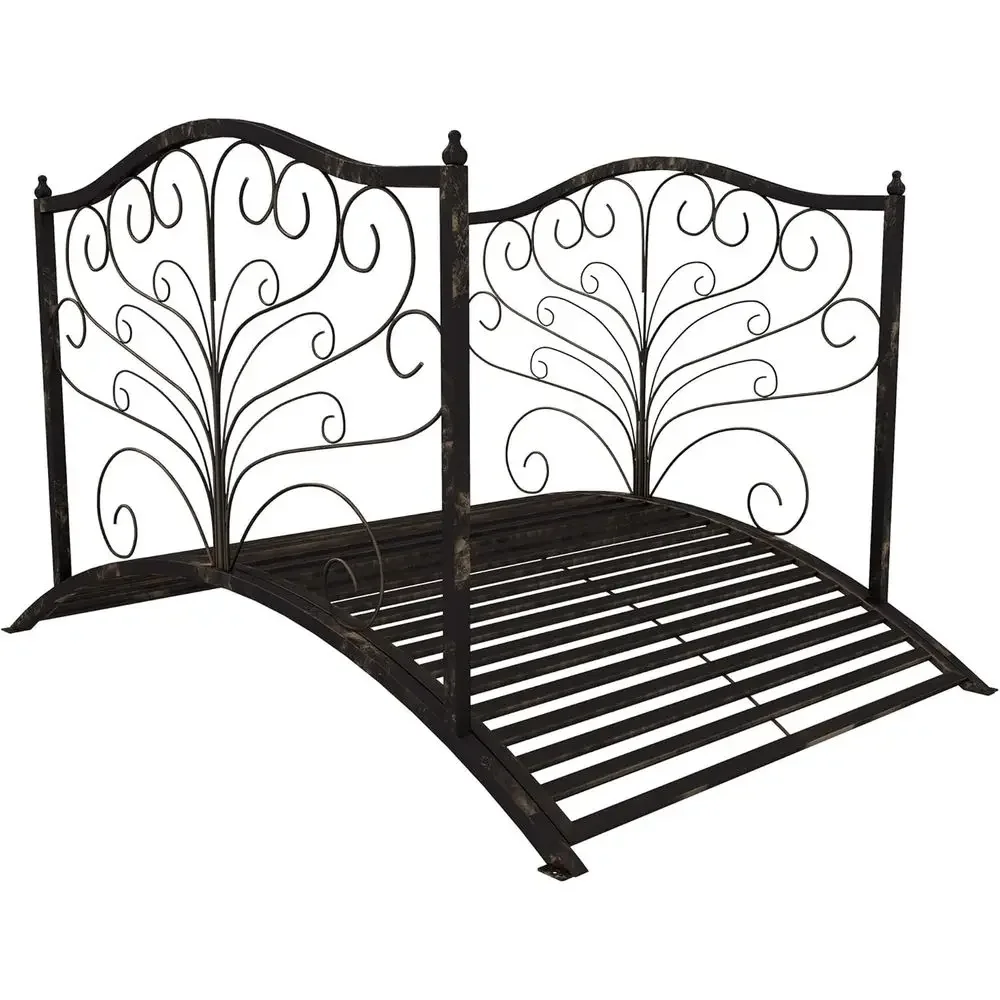 4-Foot Metal Garden Bridge with Safety Rails, Elegant Scroll Design, Easy Assembly, Black Bronze Finish