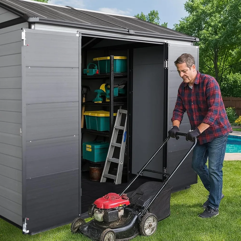 سلال تخزين من الراتنج مقاس 8 × 6 أقدام مسبقة الصنع في الهواء الطلق مع أرضية، وحظائر بلاستيكية وتخليص تخزين خارجي #6