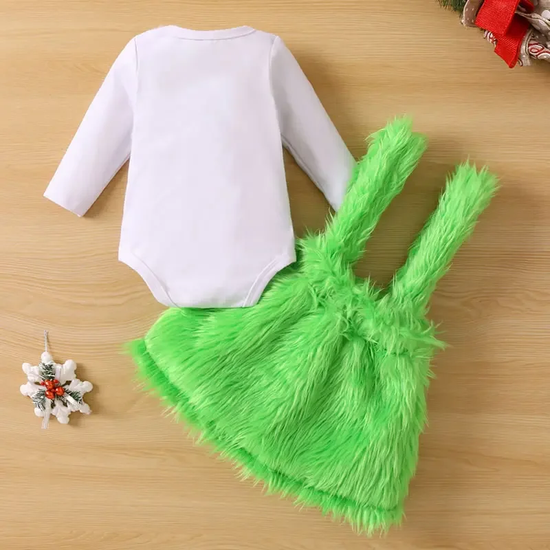 Conjunto de ropa de Navidad para bebé, Pelele con letras de Papá Noel, falda de pantalón de piel sintética, traje de 2 piezas